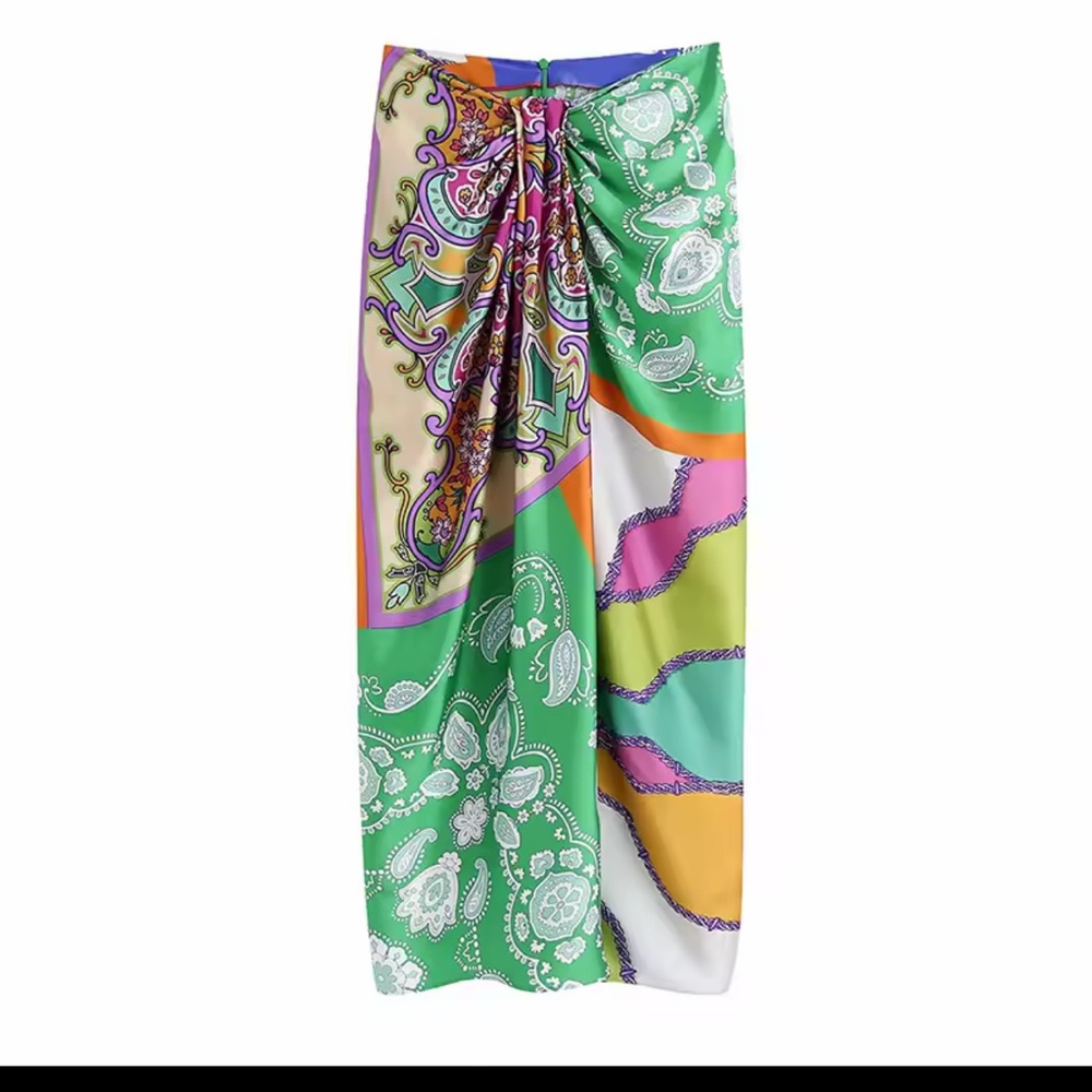 Colorblock Paisley Satin Maxi Dress - Green Multi - Picture 3 of 6